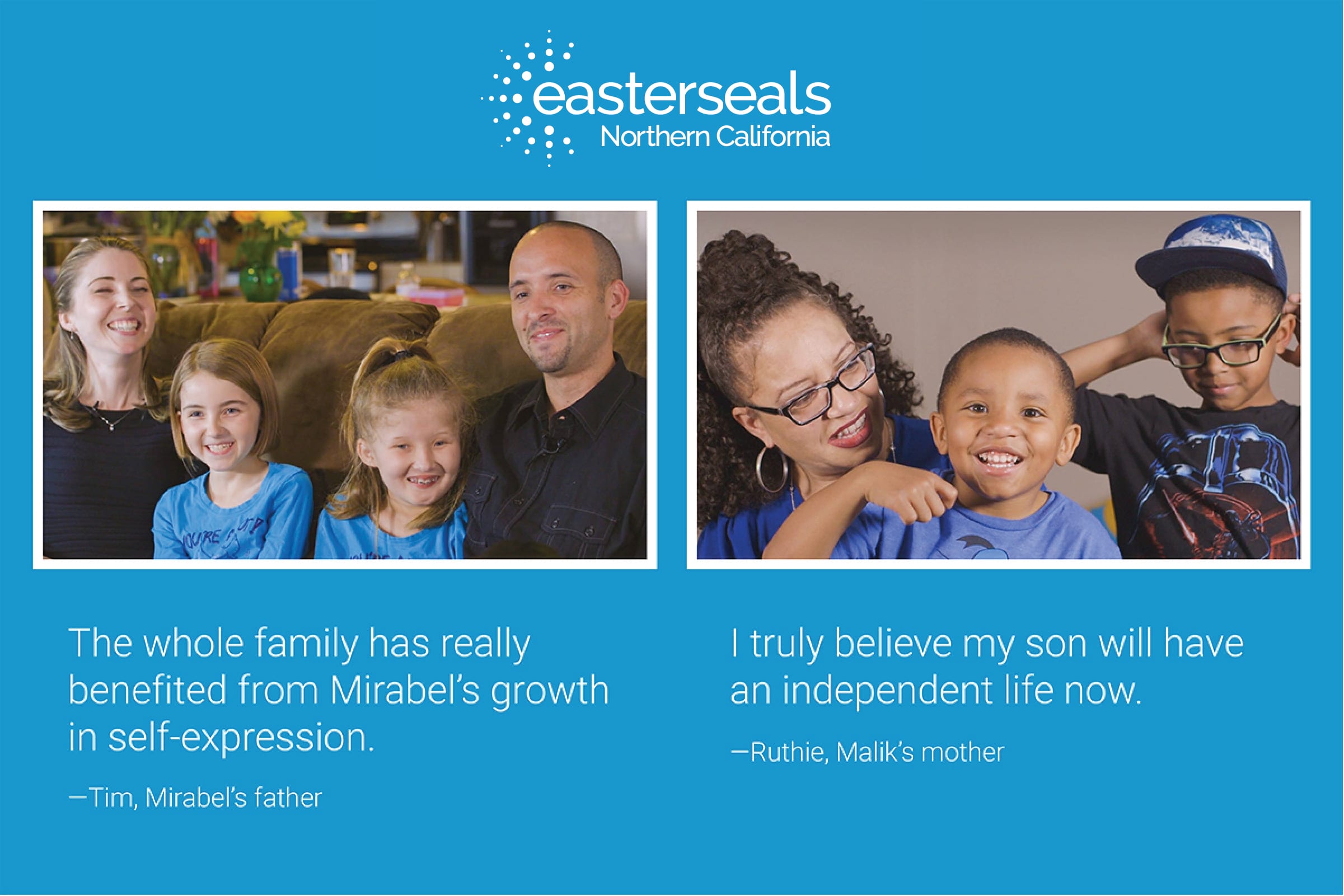  On left, a family of a mother, father and two daughters with a quote reading The whole family has really benefitted from Mirable’s growth in self-expression. On right, a family of a mother and two sons with a quote reading I truly believe my son will have an independent life now.
