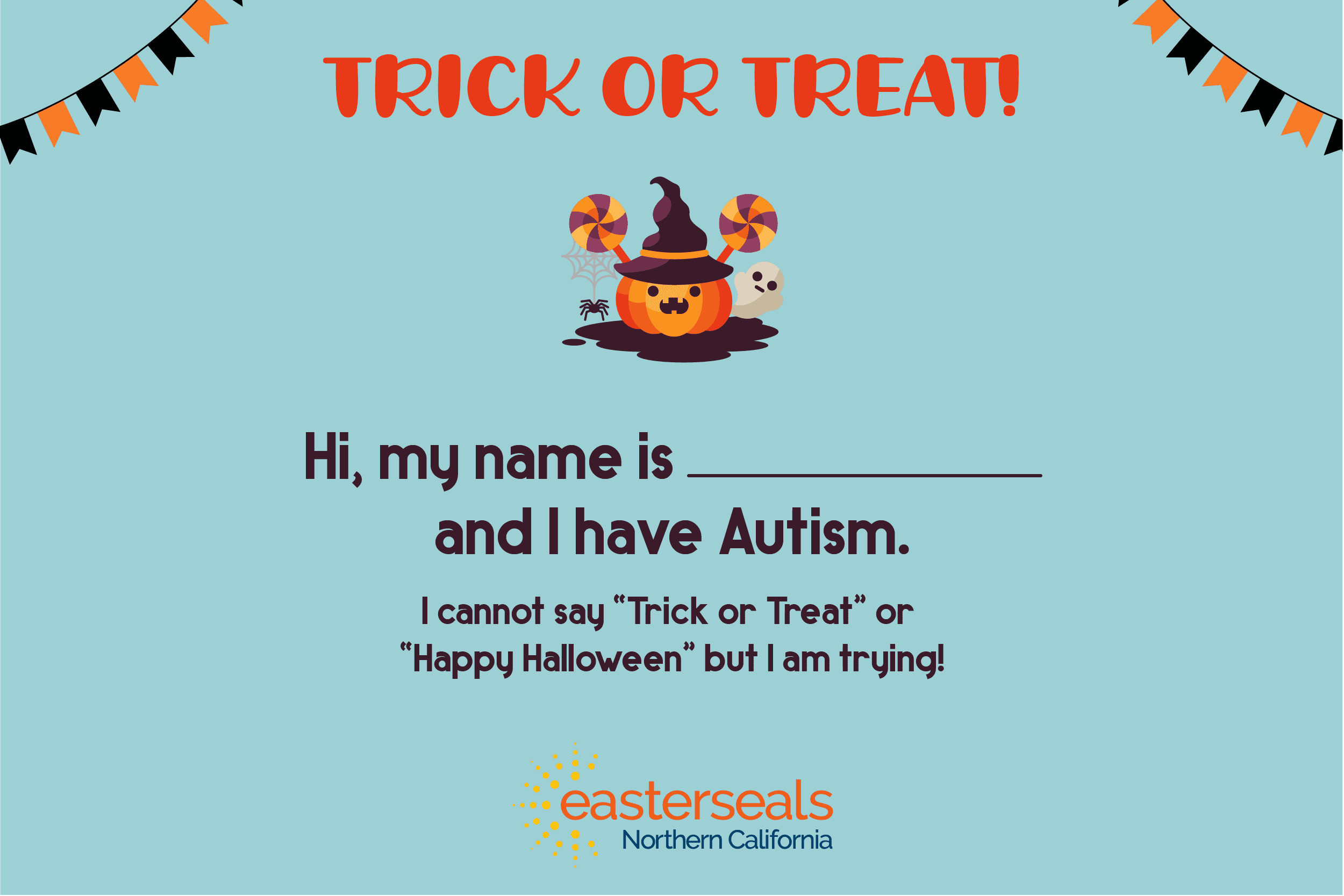 teal trick or treat card for children with autism